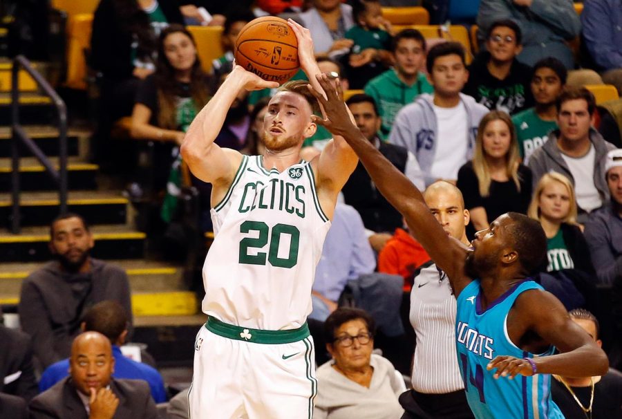 Boston Celtics player gordon Hayward takes a shot in a game against the Charlotte Hornets. on Oct. 2. Hayward injured his leg on Oct. 17, inhibiting him to play for the remainder of the season.