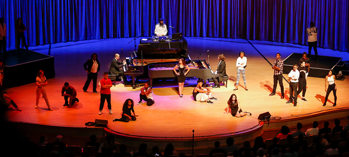 Kaitlyn Guise and the other winners perform at the 2018 Piano Slam. The group of artists performed at the Knight Concert Hall alongside the Trivella Piano Duo. 