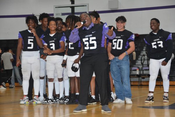 FOOTBALLS BACK - Our Junior Varsity football team introducing themselves at the fall sports pep rally.