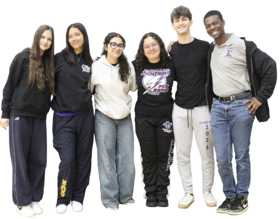 VICTORY POSE: Seniors Lizaveta Ivanaoskaya, Luciana Risco, Marilyn Amair, Alexa Rincon, Simon Tchira, 
and Denzel Augustin smile after being advancing in the Questbridge and Posse scholarsip programs. 